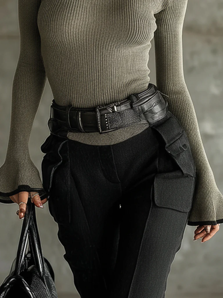 Sage Green Ribbed Turtleneck Flare Sleeve Top