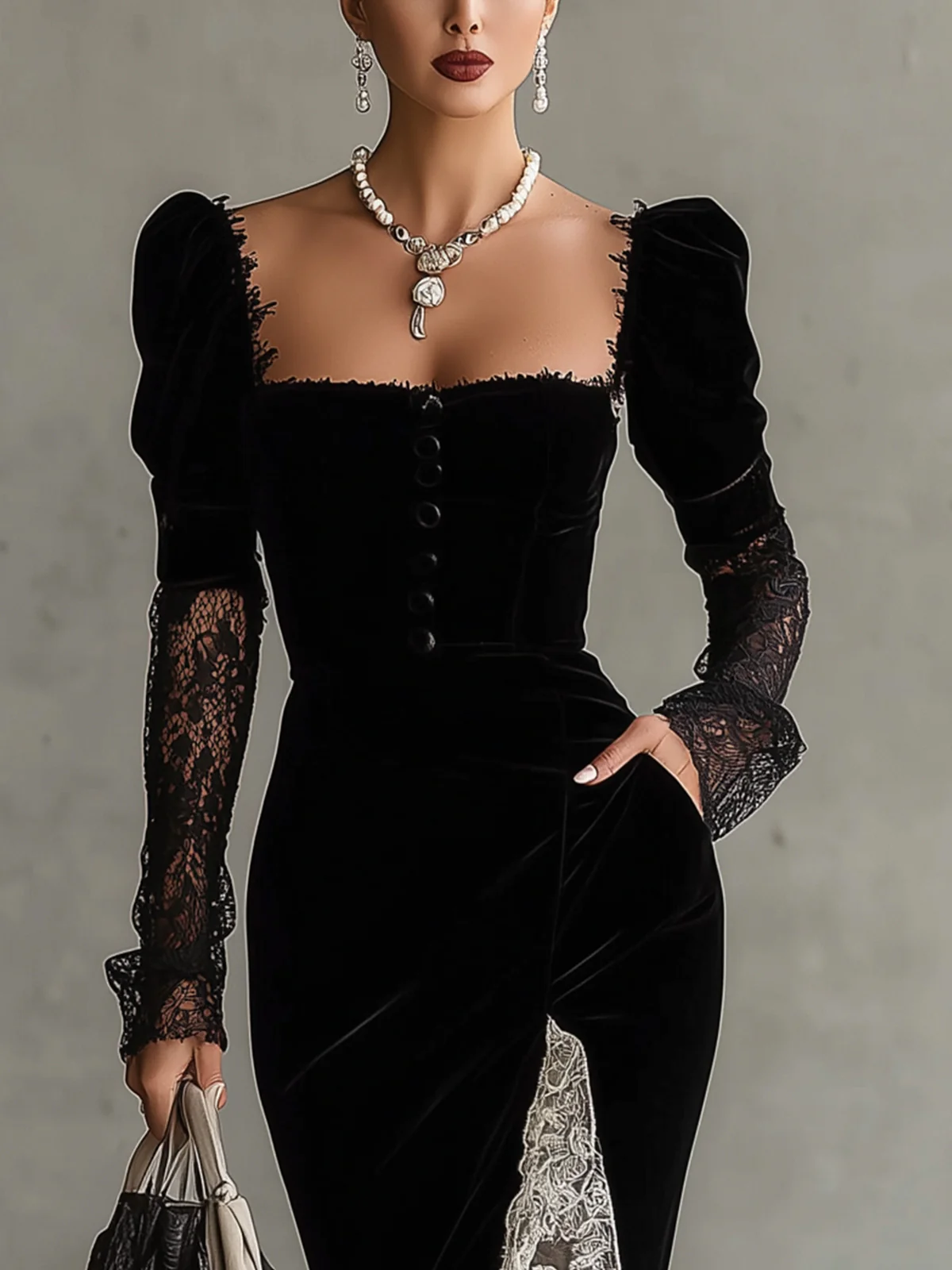 Black Velvet Midi Dress With Lace Sleeves And Contrasting Slit Detail
