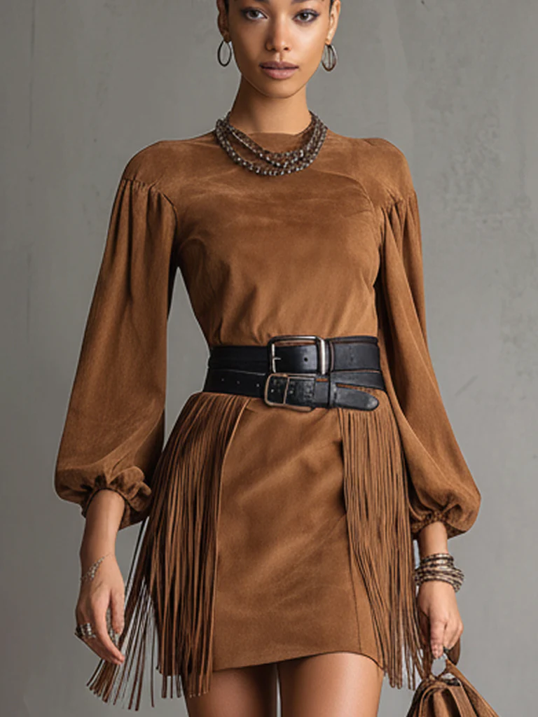 Brown Faux Suede Fringe Long Sleeve Mini Dress With Double Belt