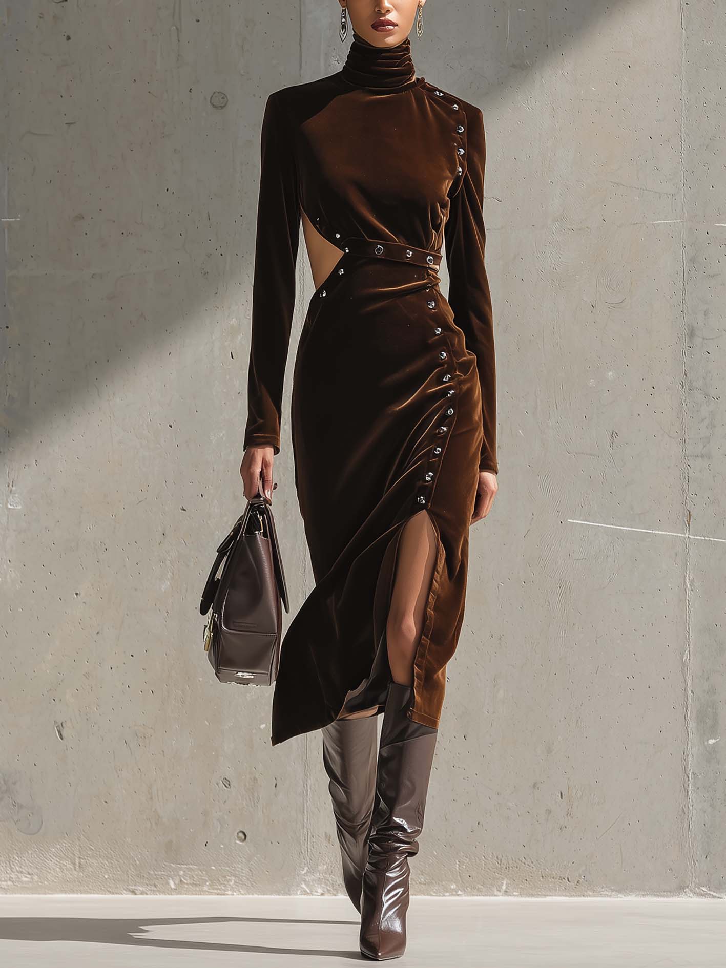 Brown Velvet Cutout Bodycon Dress With Button Detailing