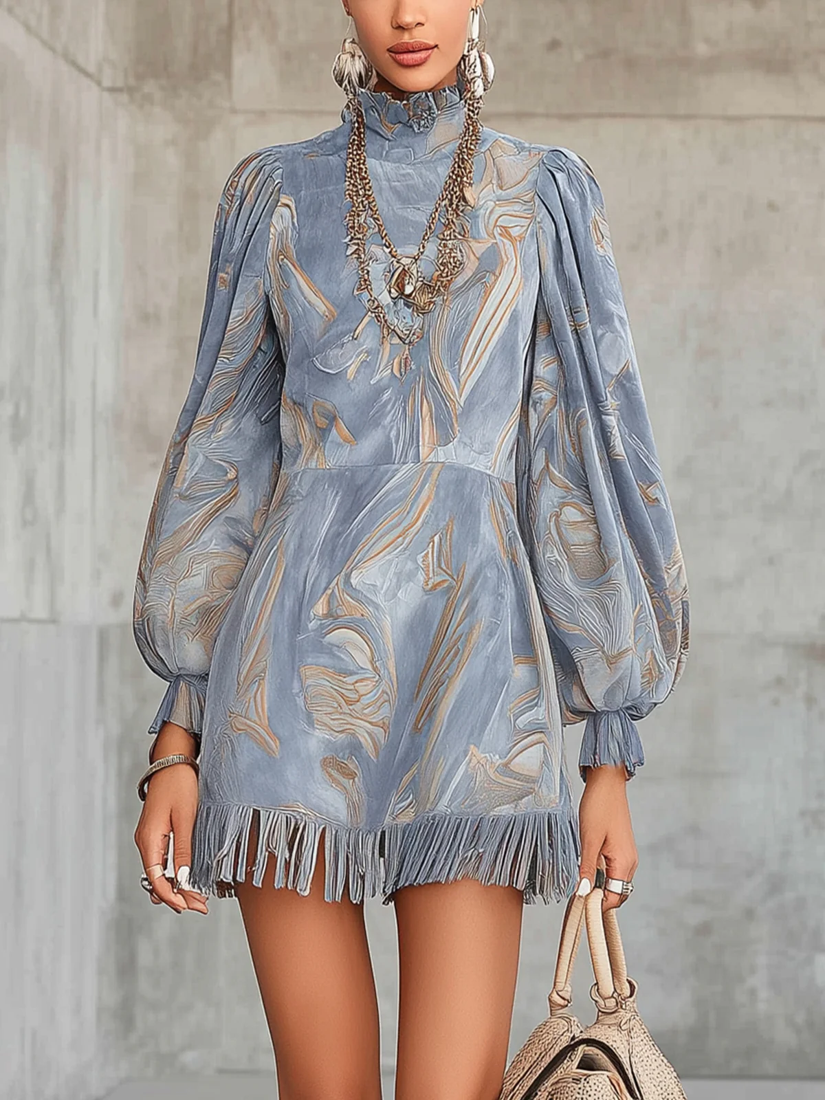 Marbled Blue High-Neck Long Sleeve Faux Suede Mini Dress With Fringe Hem
