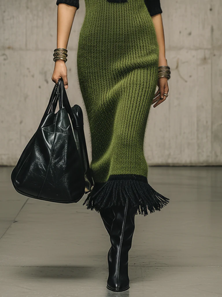 Green Knit Deep V-Neck Fringe Maxi Dress