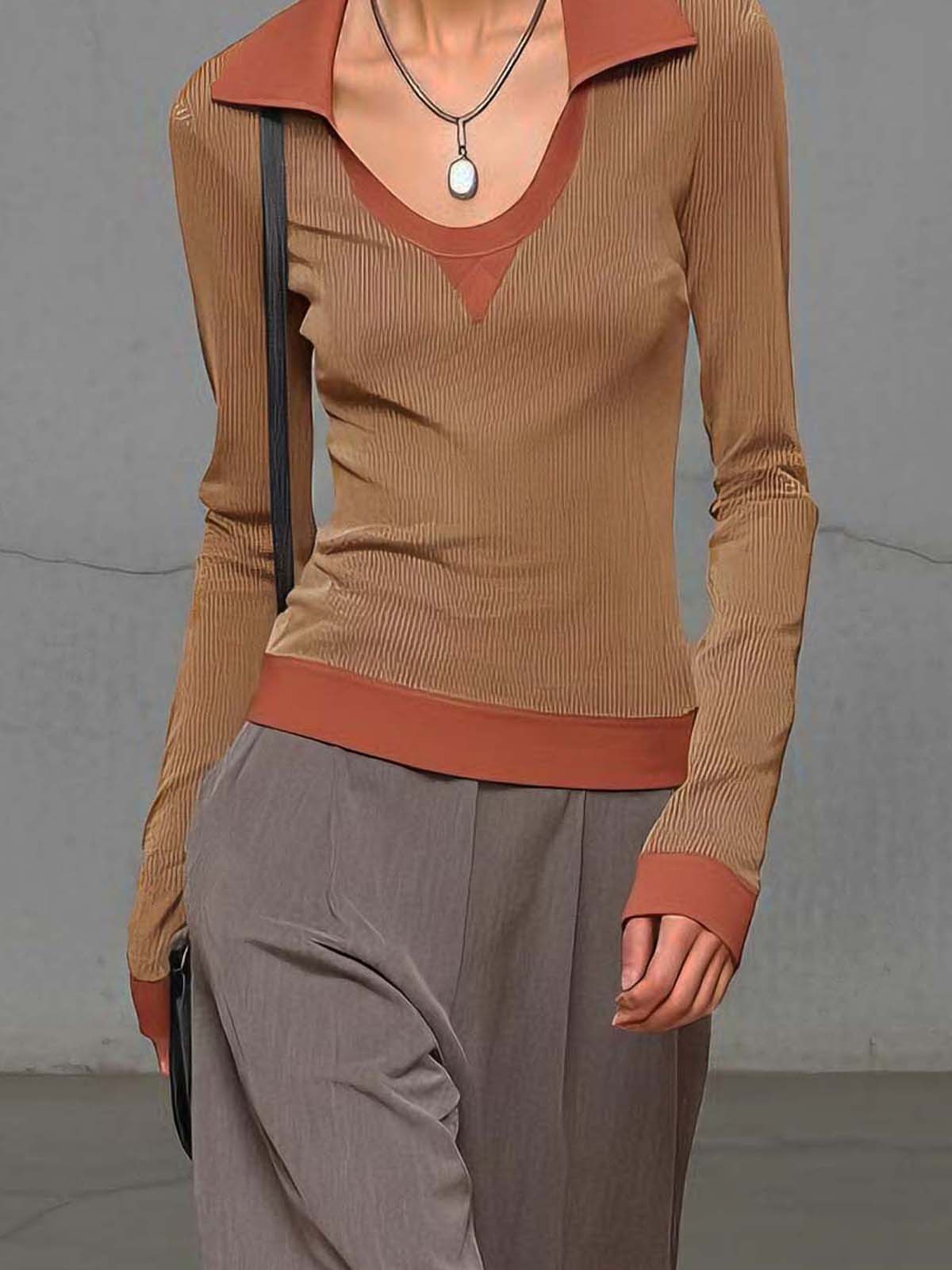 Brown Stretch Knit Color-blocked Collared Slim-fit Long-sleeved T-shirt