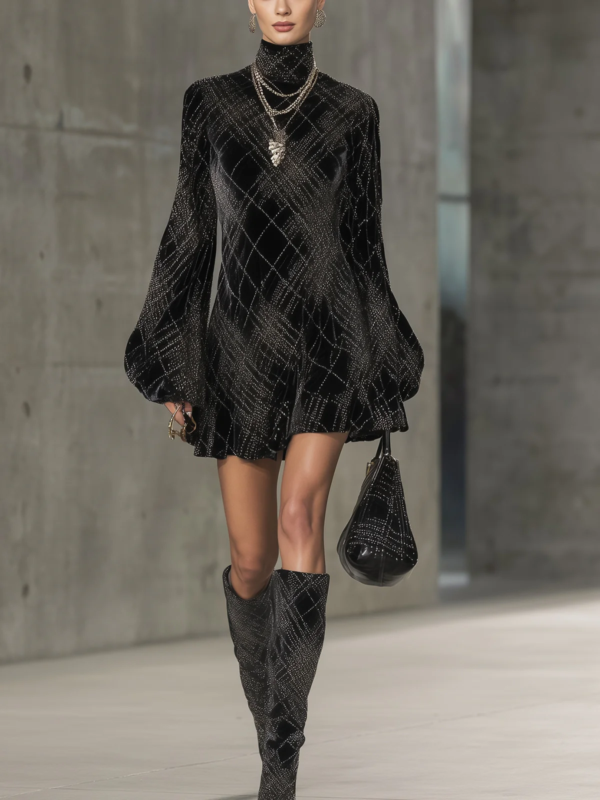 Black Velvet Silver Plaid Pattern High-Neck Mini Dress