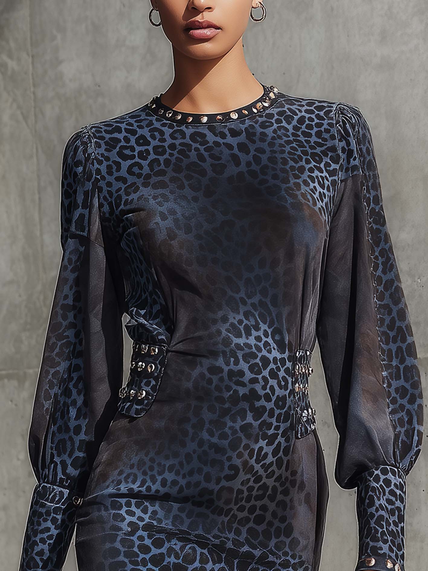 Blue Gradient Leopard Print Suede Mini Dress With Studded Strap Detailing