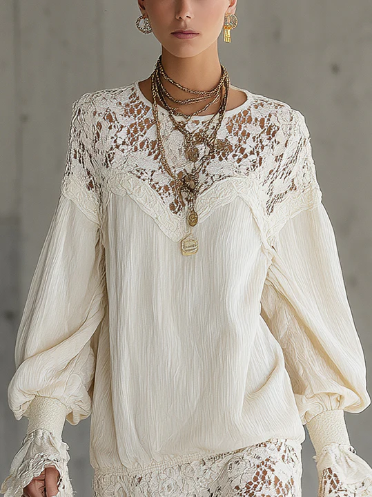 Ivory Mini Dress With Balloon Sleeves And Lace Hem Detailing