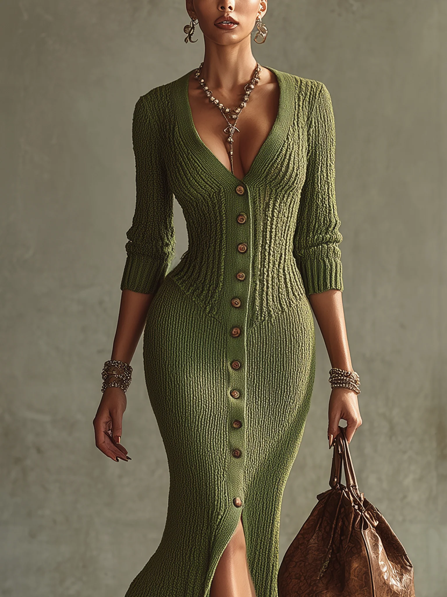 Green Knit Deep V- Neck Button Up Long Sleeve Maxi Dress