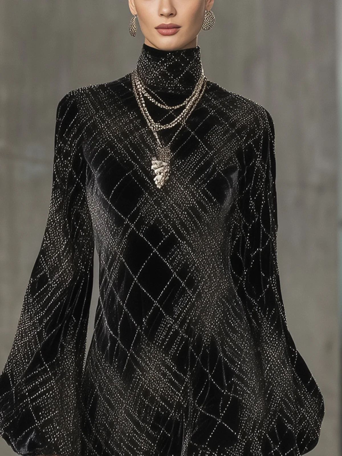 Black Velvet Silver Plaid Pattern High-Neck Mini Dress