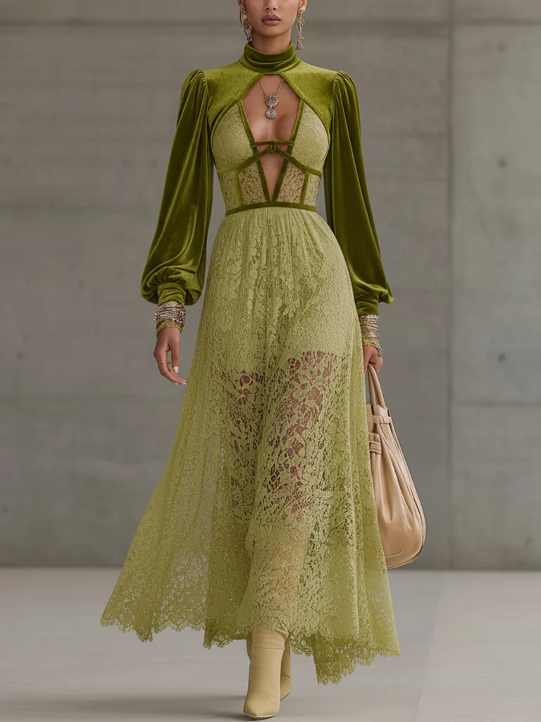Lime Green Velvet And Lace Deep V-Neck Puff Sleeve Dress