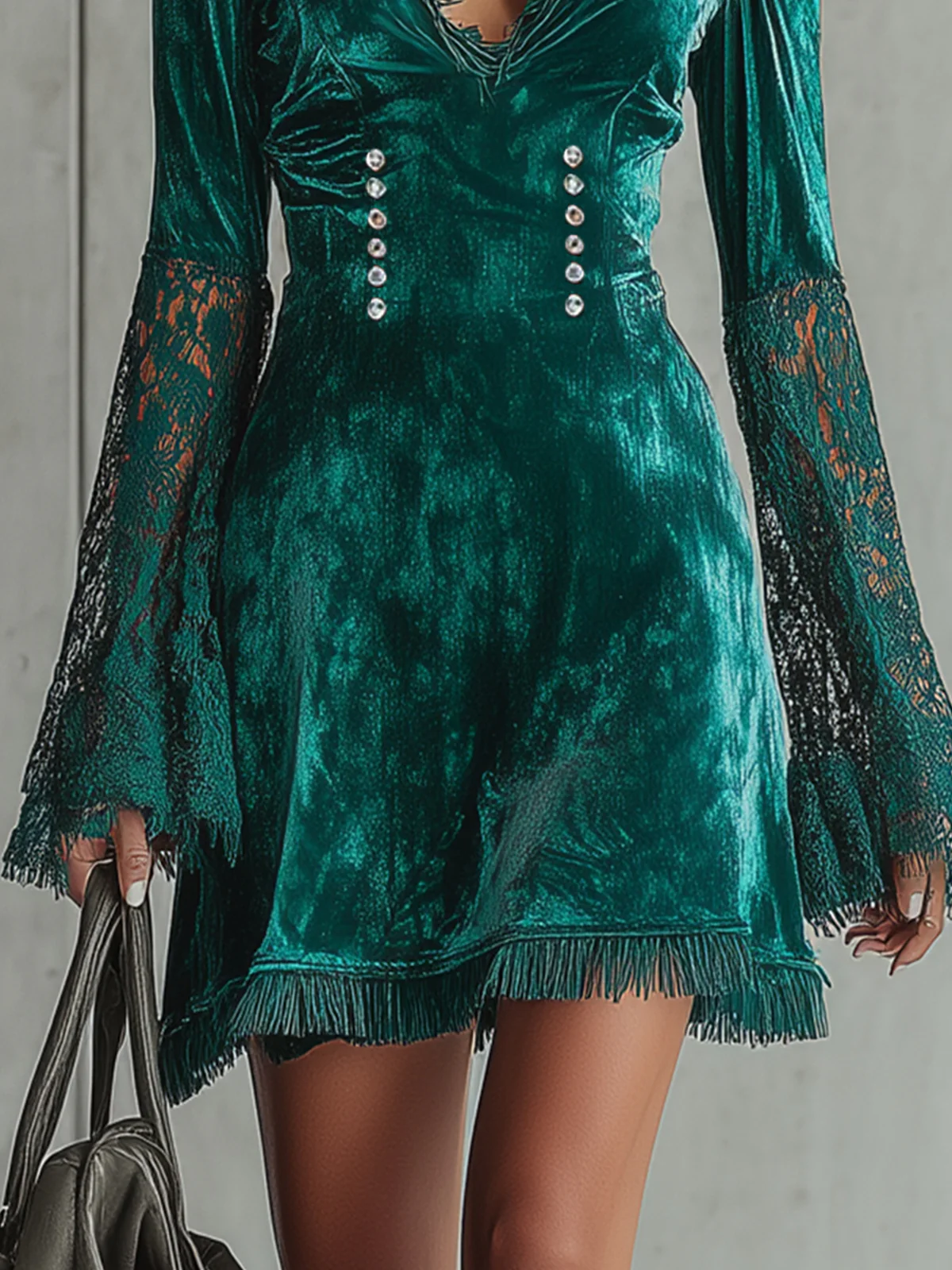Emerald Green Velvet Lace Sleeve Mini Dress