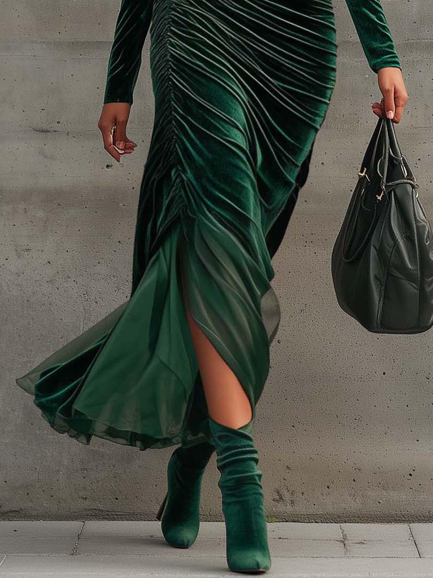 Emerald Green Cutout Ruched Patchwork Chiffon Bodycon Dress