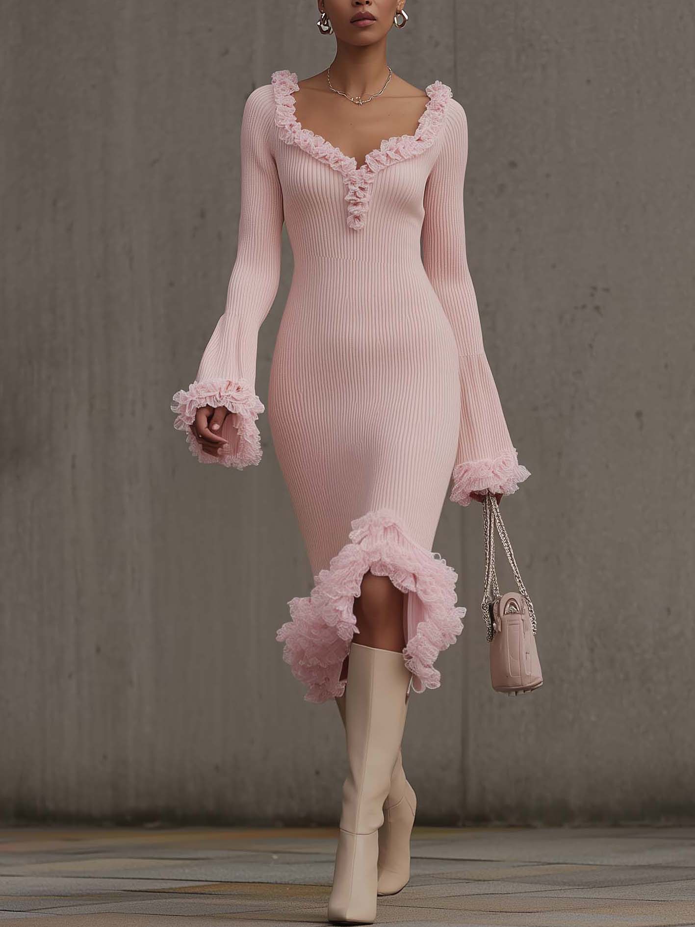 Pink Ruffle Trim Knit Bodycon Dress