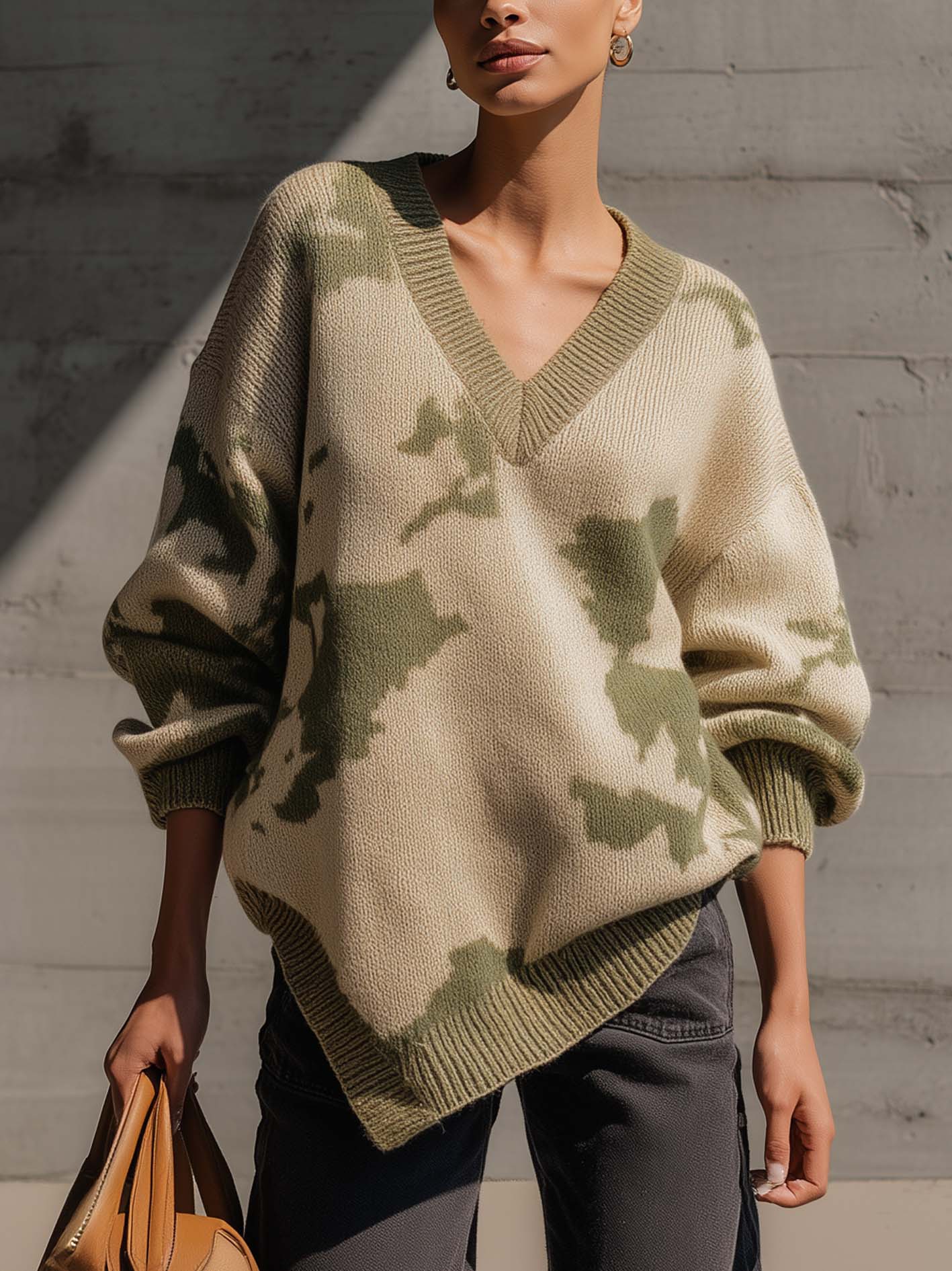 Khaki Green Camo Print V-Neck Oversized Knit Sweater