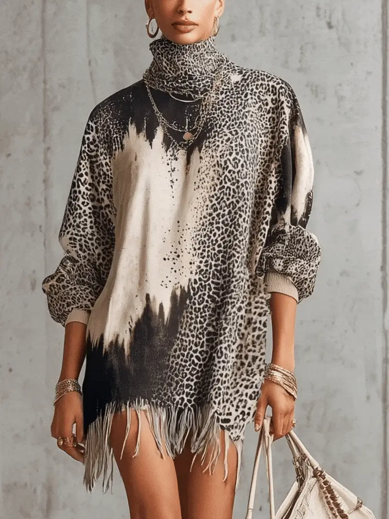 Gray Leopard Print Turtleneck Fringe Hem Faux Suede  Dress