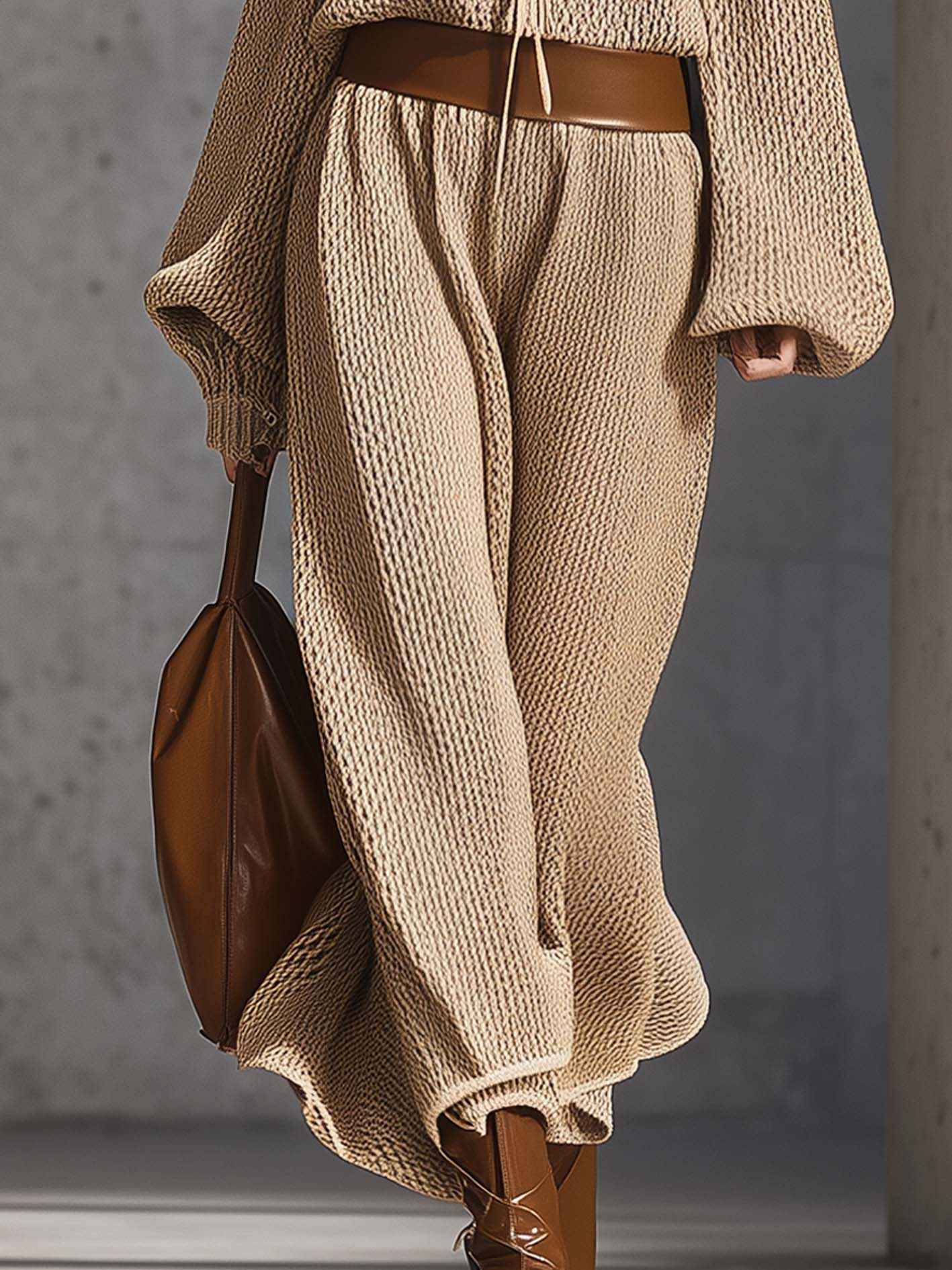 Beige Cold Shoulder Knit Maxi Dress With Belt