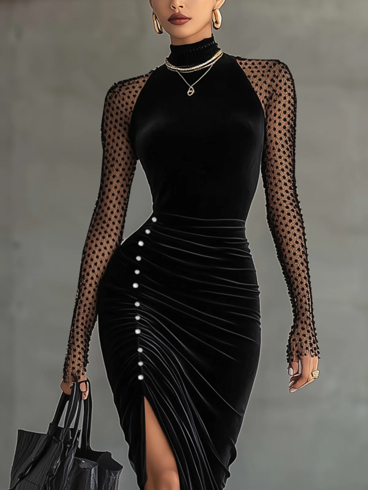 Black Velvet Midi Dress With Sheer Polka-Dot Sleeves And Side Button Detail