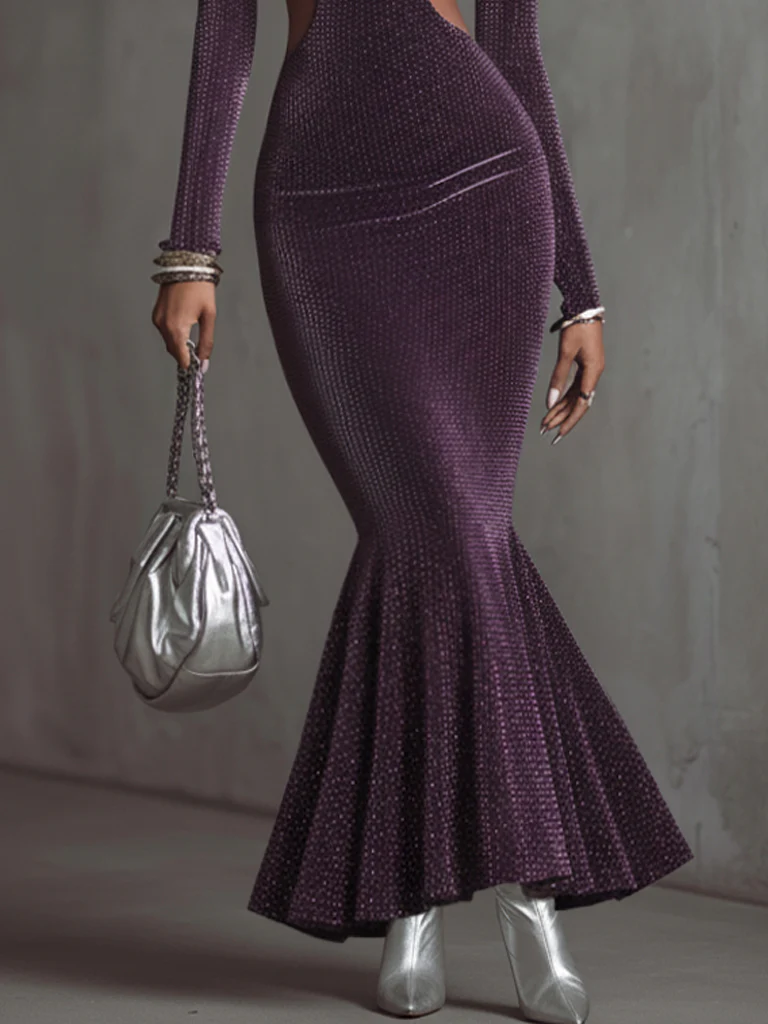 Dark Purple Sparkle Velvet Cut Out Long Sleeve Maxi Dress