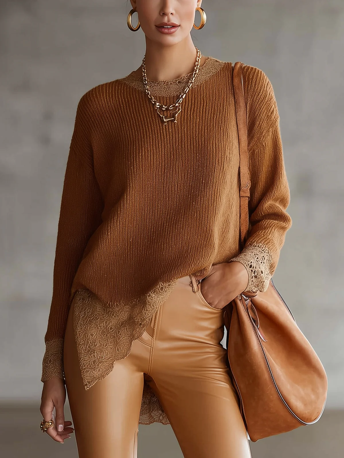 Caramel Knit Sweater With Lace Trim Hem And Cuffs