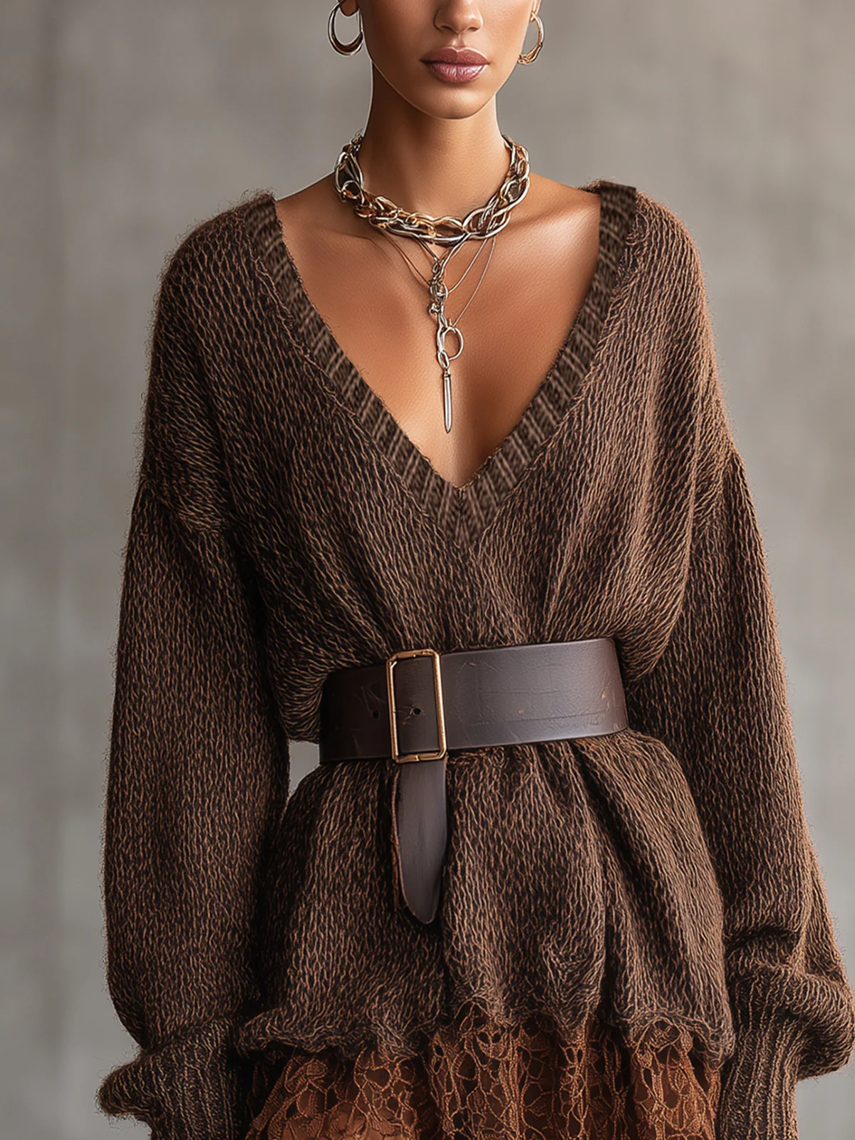 Brown Knit Lace Patchwork V-Neck Mini Dress With Belt
