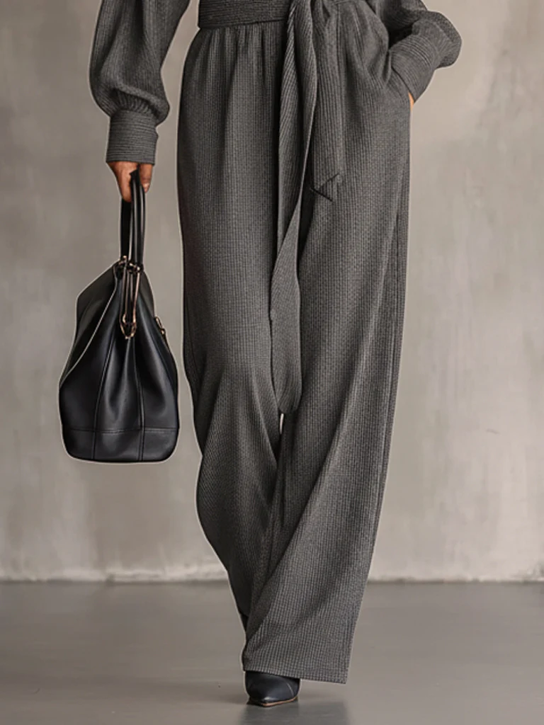 Gray Knit Deep Neck Top And Wide Leg Pants Set