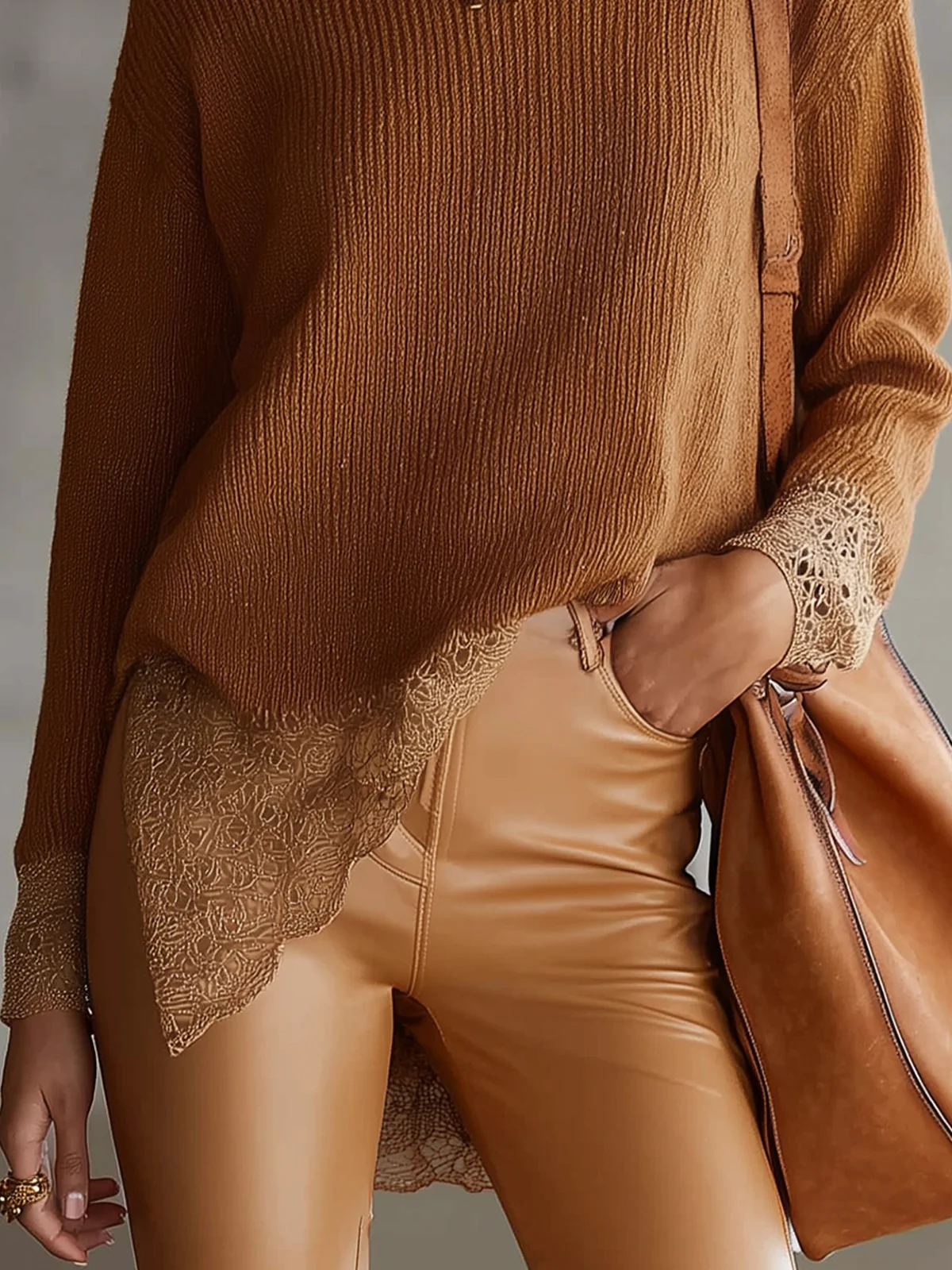 Caramel Knit Sweater With Lace Trim Hem And Cuffs
