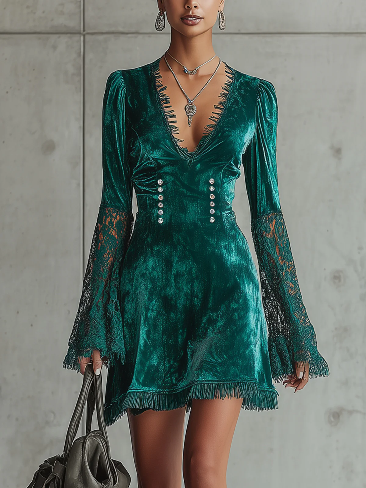 Emerald Green Velvet Lace Sleeve Mini Dress
