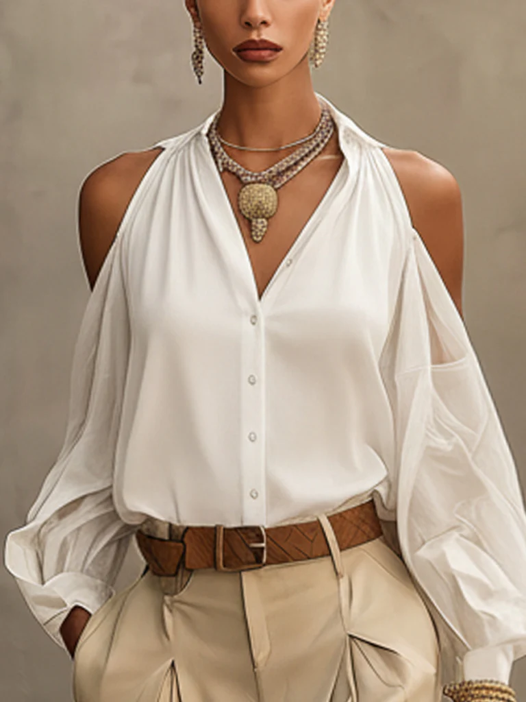 White Cotton Off Shoulder Collared Button Up Shirt