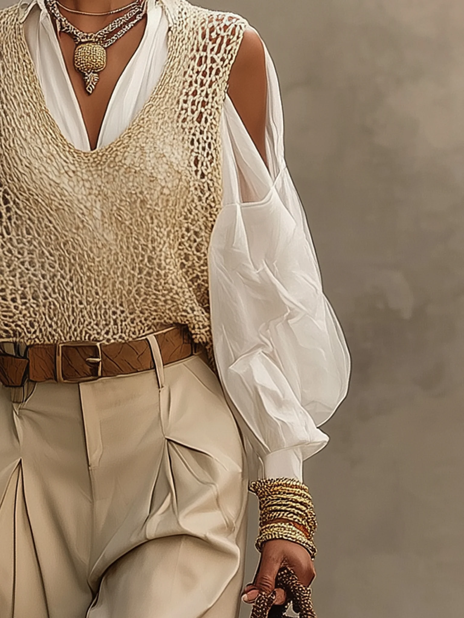 Cream Knit Sleeveless V-Neck Loose fitting Vest