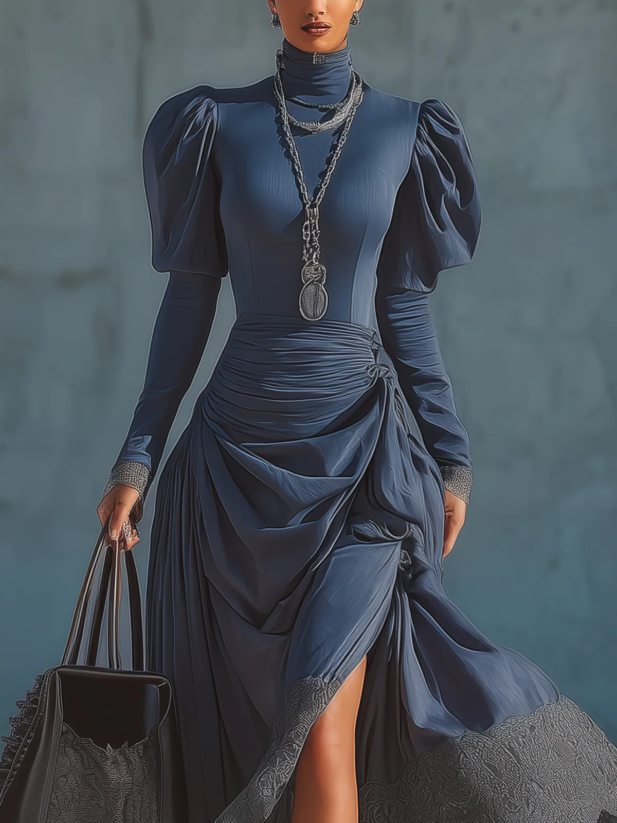 Navy High Neck Puff Sleeve Ruched Lace Hem Midi Dress