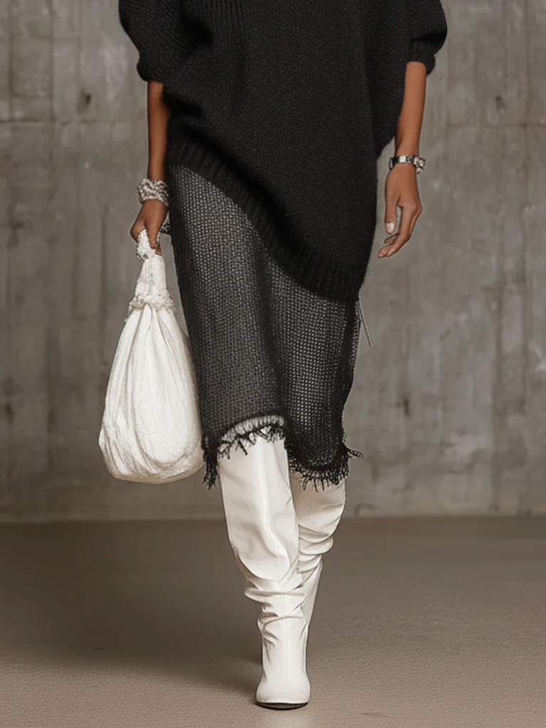 Gray Knit Oversized Sweater And Tulle Knit Midi Skirt Set