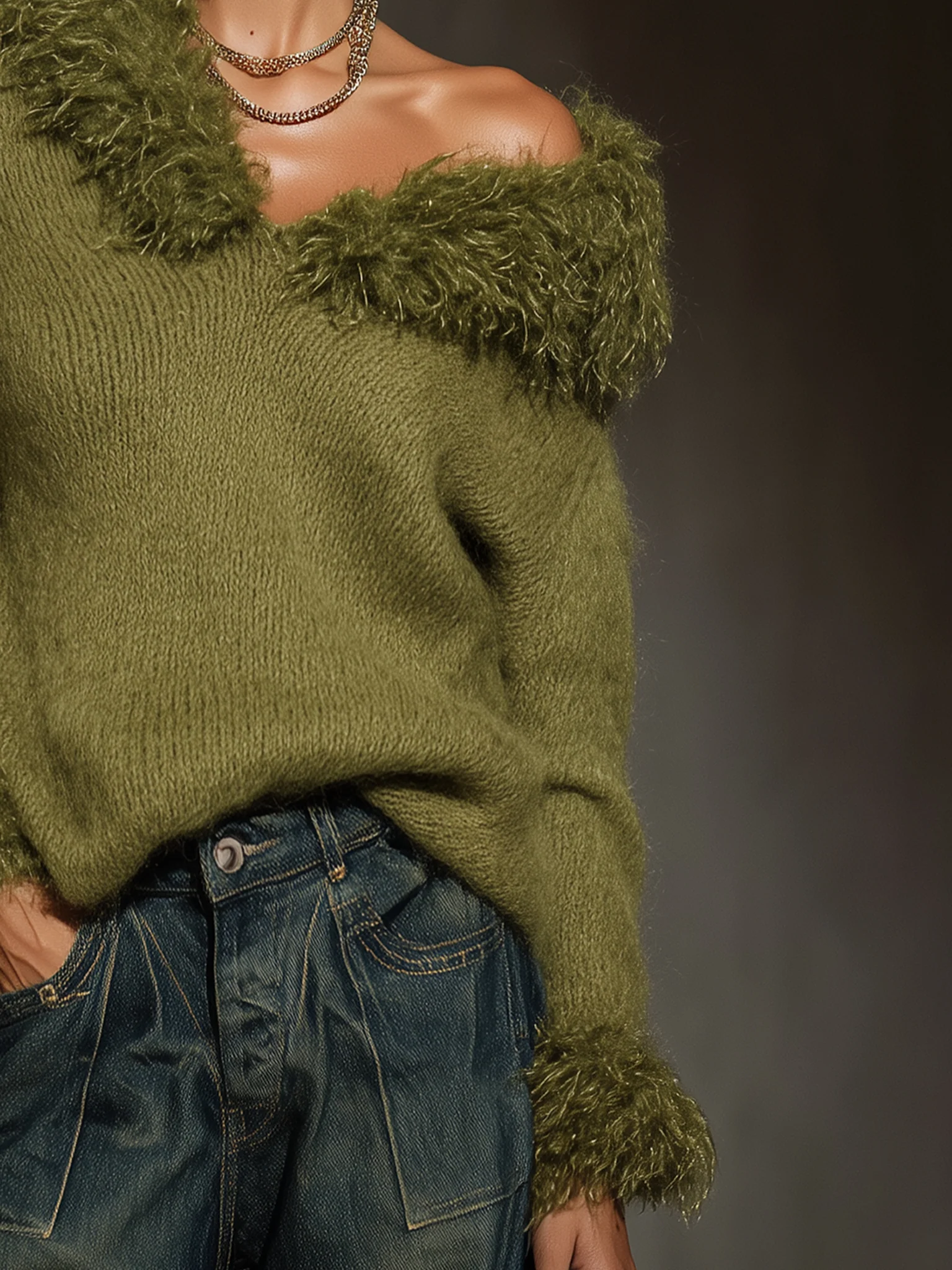 Green Mohair V-Neck Sweater With Eco Fur Accents