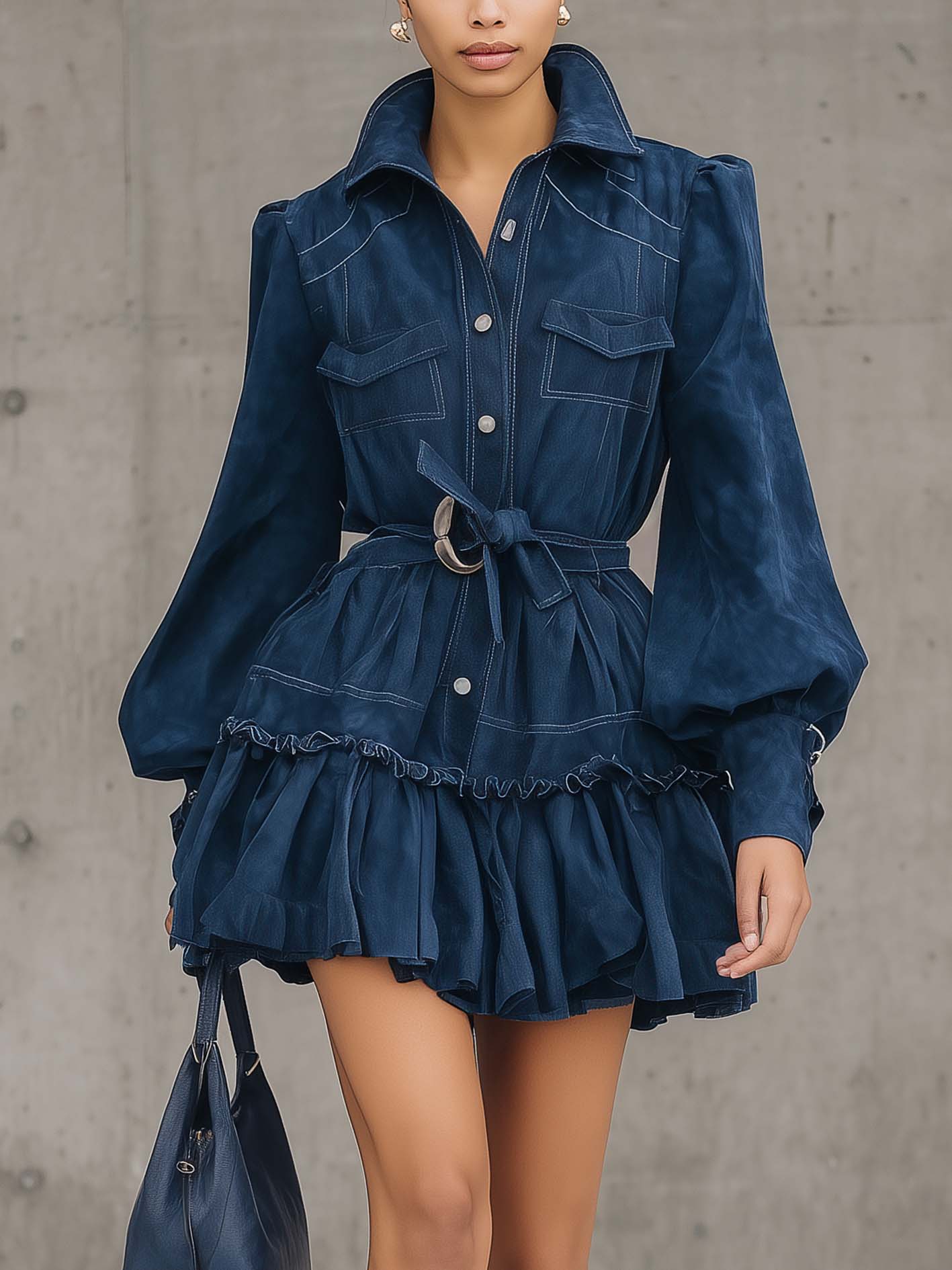 Blue Faux Suede Ruffle Belted Mini Dress With Puff Sleeves
