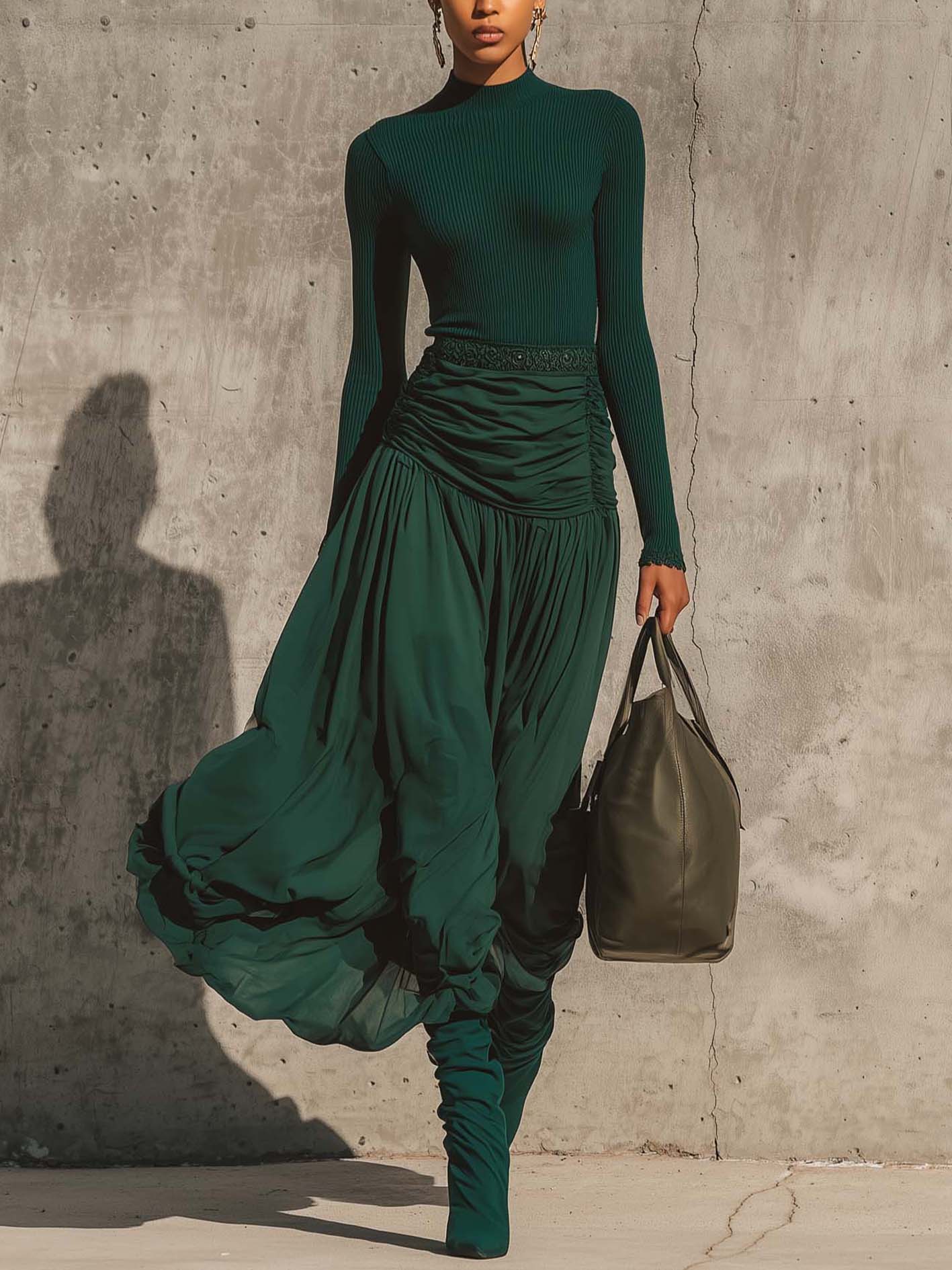 Elegant Dark Green Knitted And Chiffon Bubble Skirt Two-Piece Set