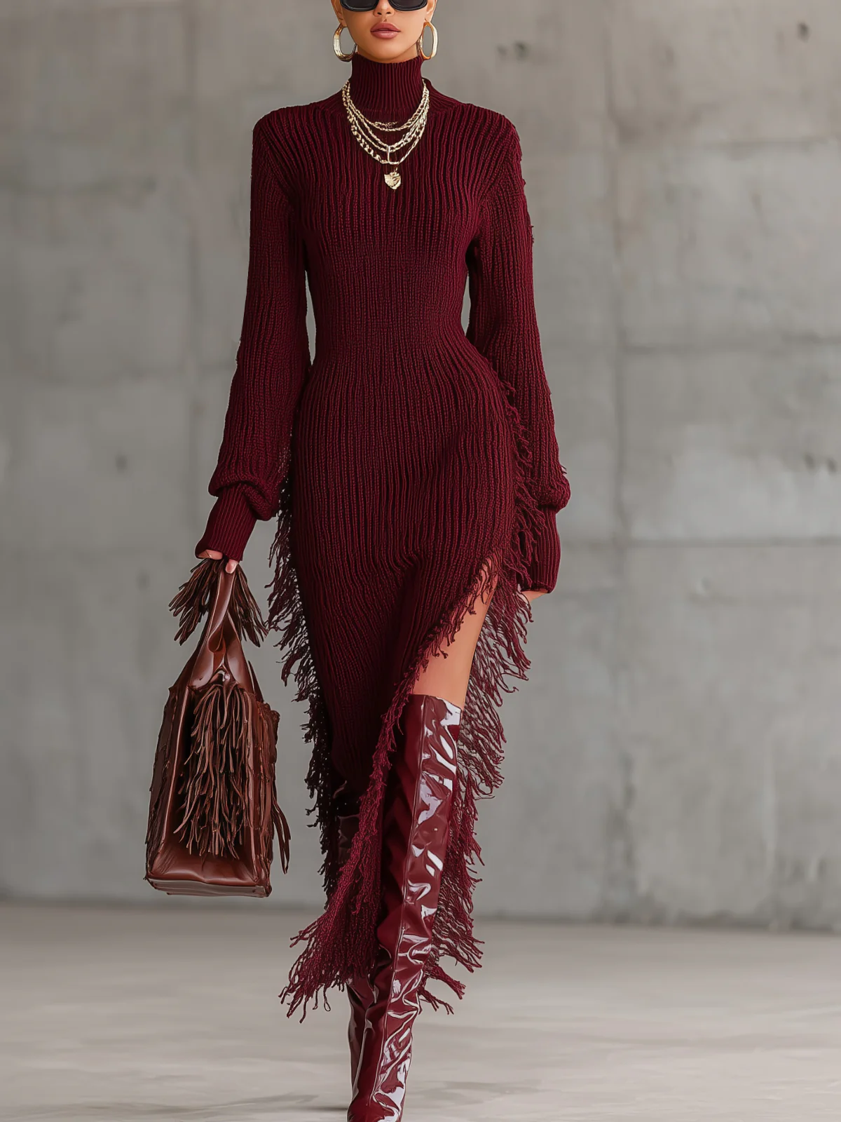Wine Red Turtleneck Asymmetrical Fringe Knit Sweater Dress