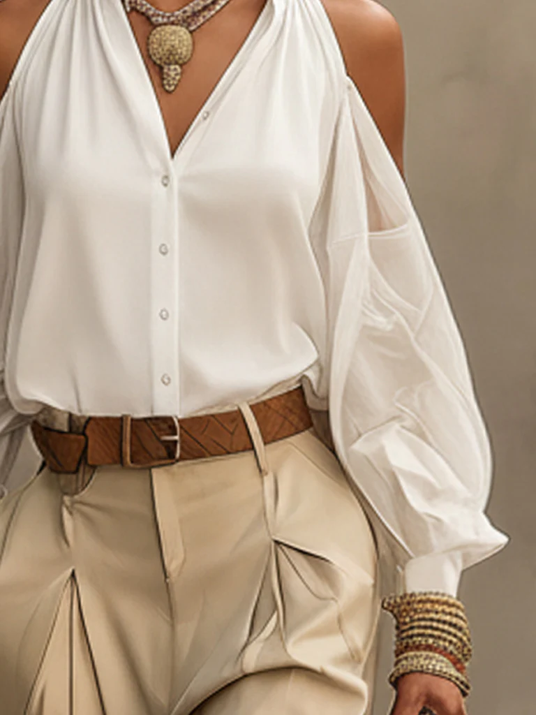 White Cotton Off Shoulder Collared Button Up Shirt