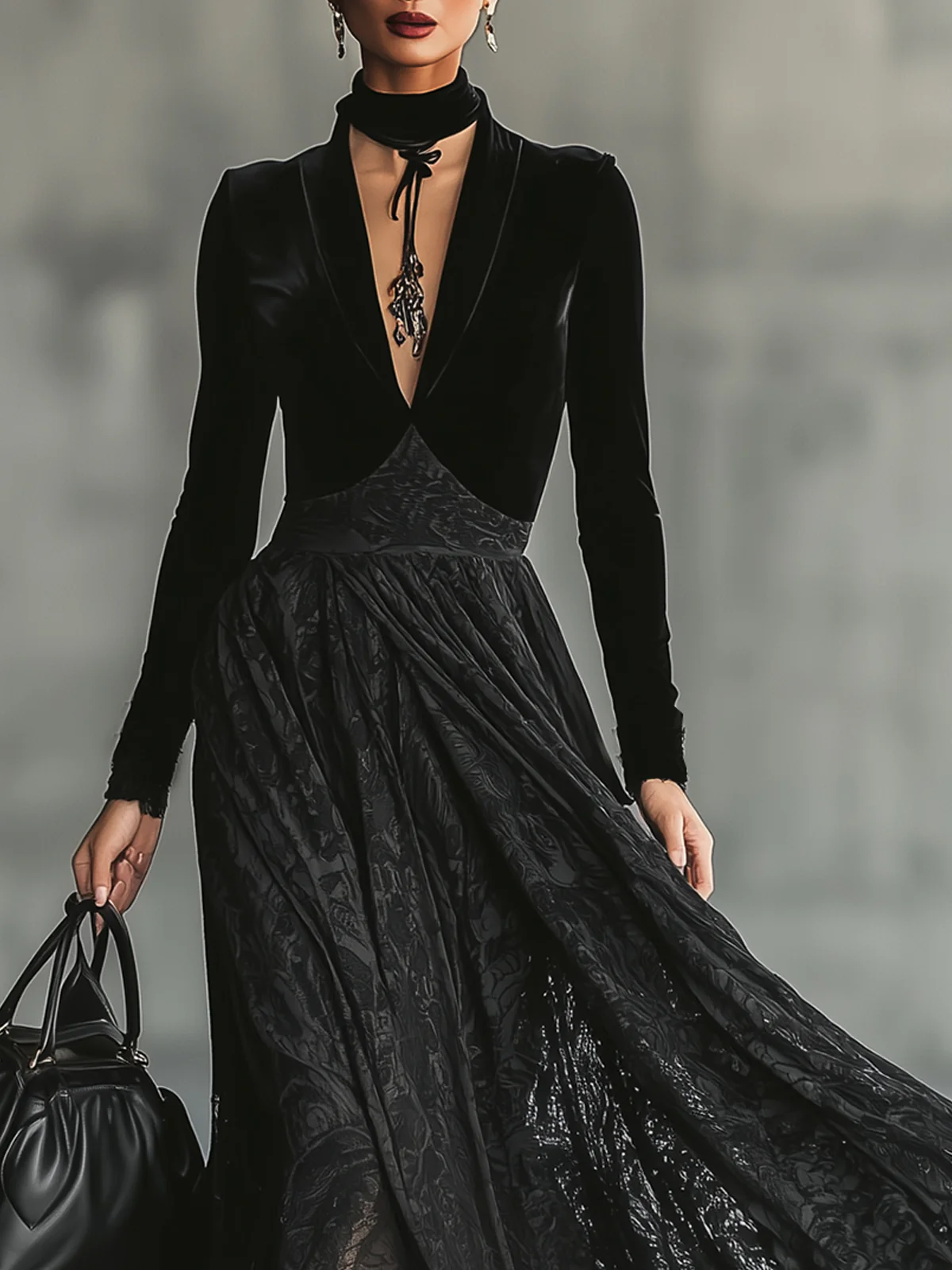 Black Velvet Deep V-Neck Lace Patchwork Long Sleeve Maxi Dress