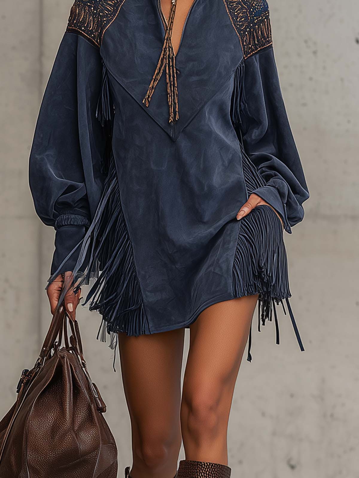 Indigo Faux Suede Embroidered Tassel Stand Up Collar Mini Dress