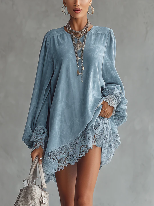 Blue Faux Suede Mini Dress With Lace Hem