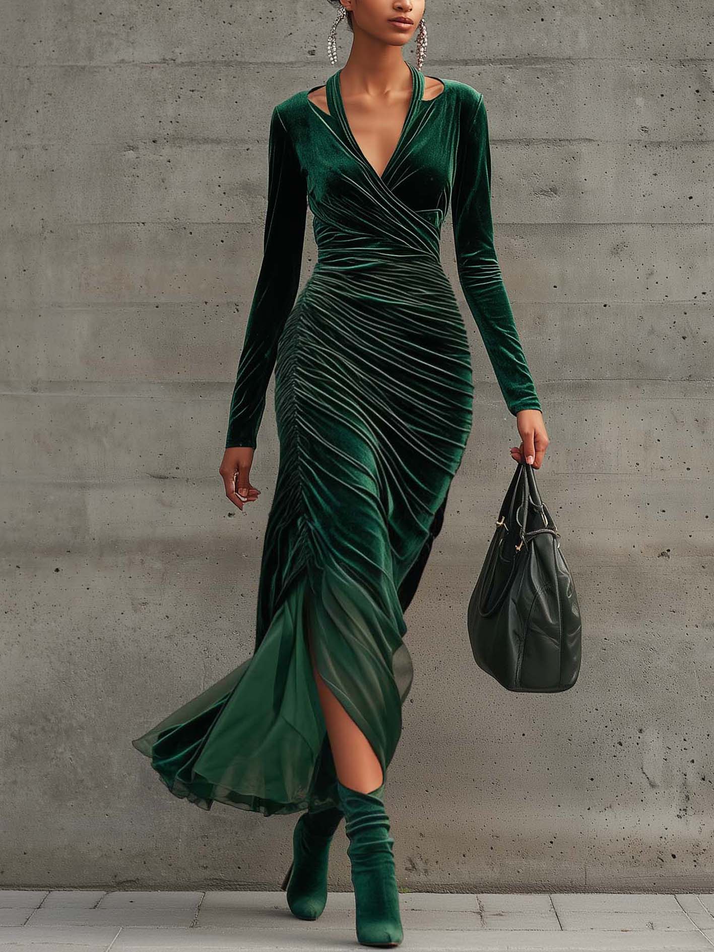 Emerald Green Cutout Ruched Patchwork Chiffon Bodycon Dress