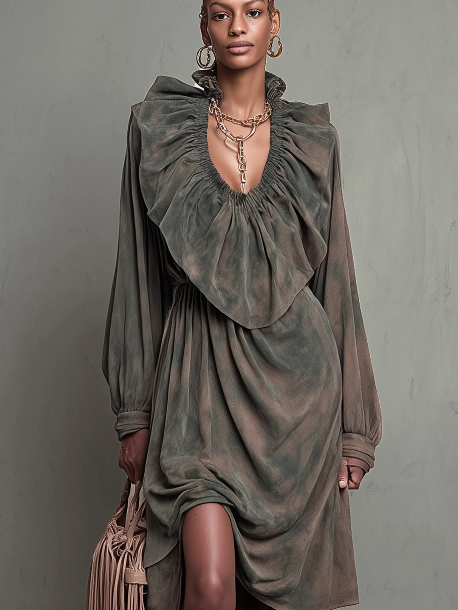 Vintage Green Suede Ruffled Collar Long Sleeve Midi Dress