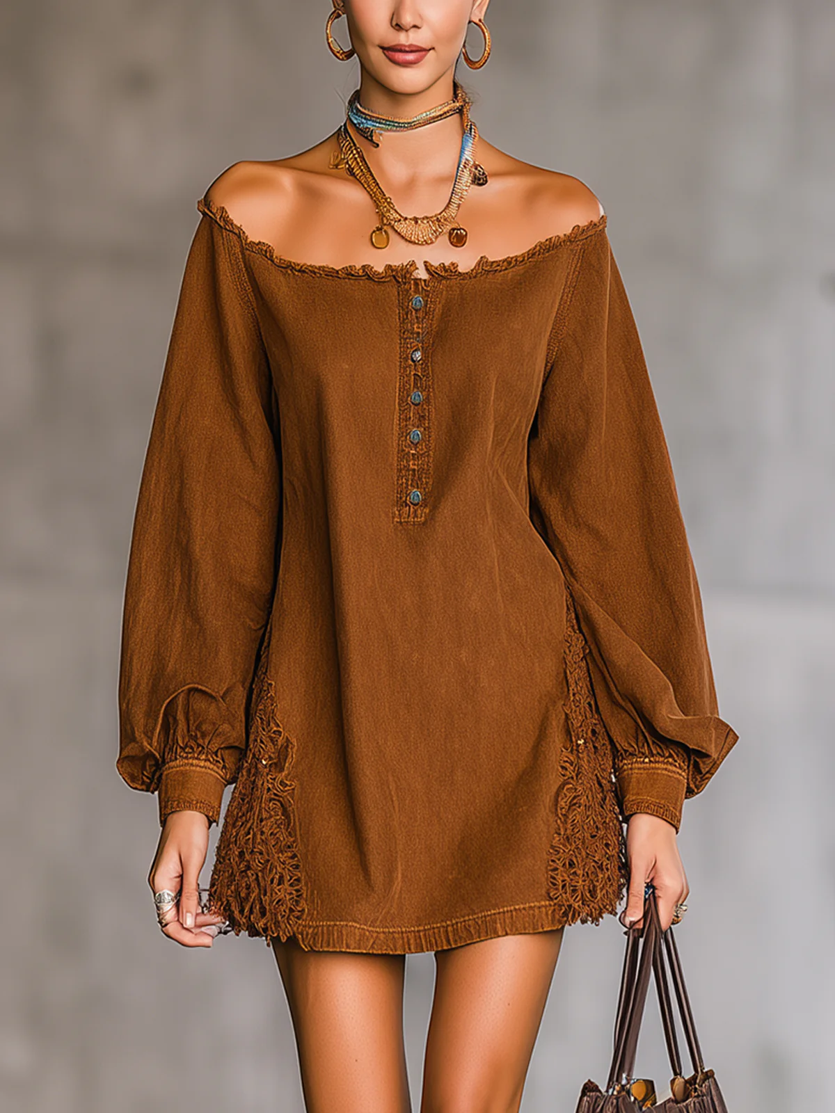 Brown Off-Shoulder Denim Fringe Lace Mini Dress
