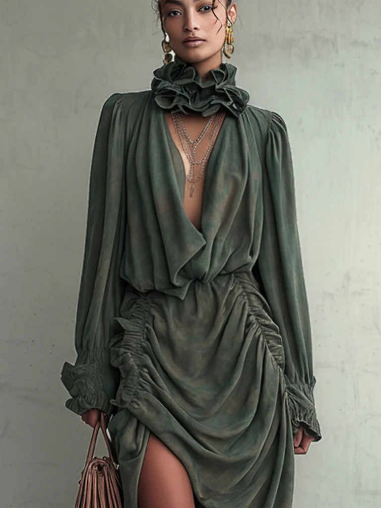 Vintage Green Suede Deep V-Neck Long Sleeve Midi Dress