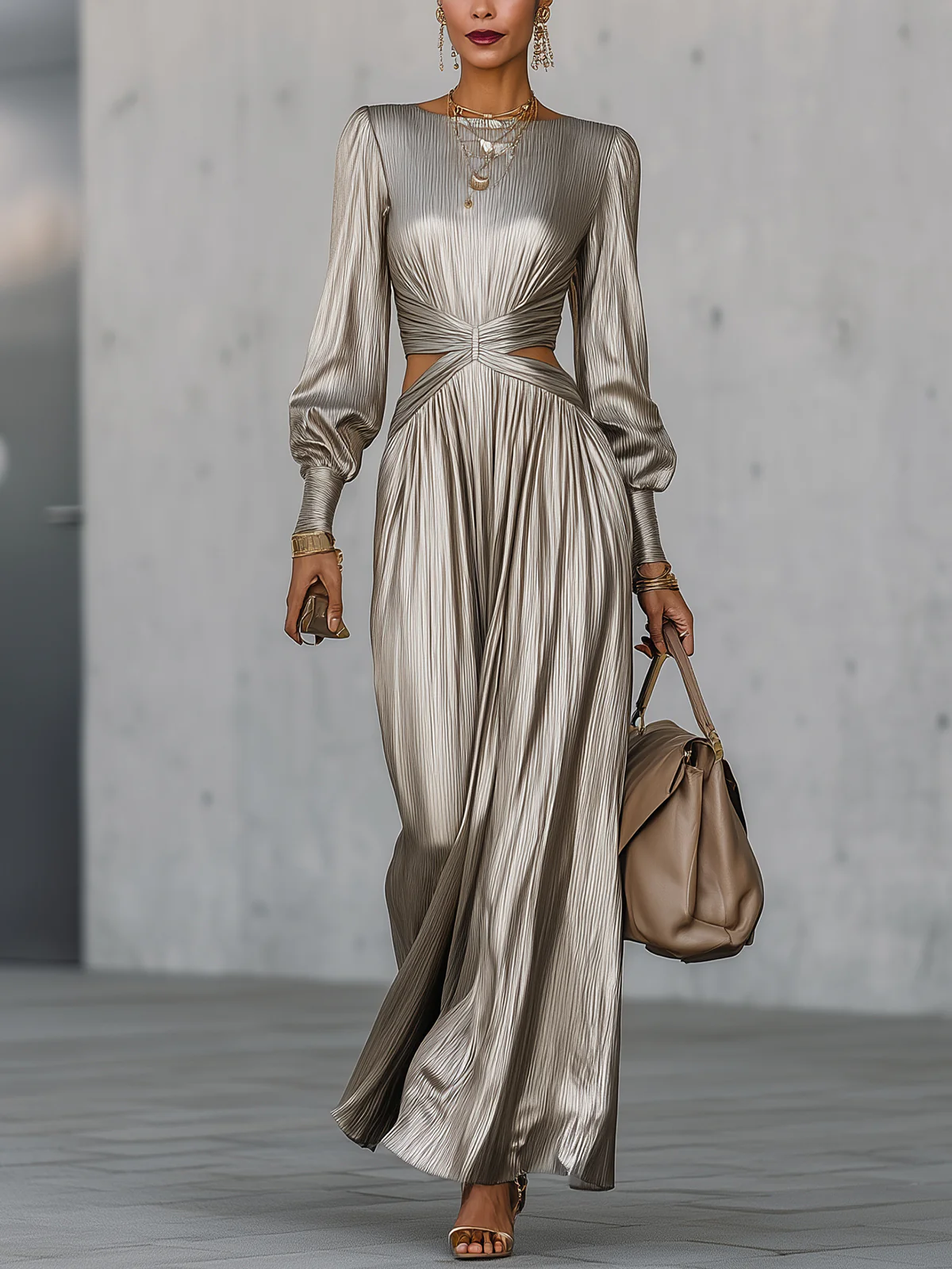 Champagne Pleated Satin Maxi Dress With Side Cutouts And Long Sleeves
