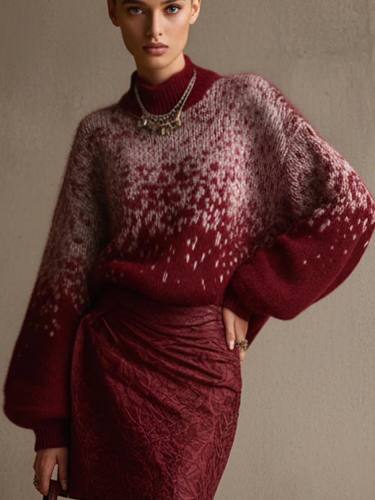 Red Christmas Gradient Mohair Knit Long Sleeve Sweater