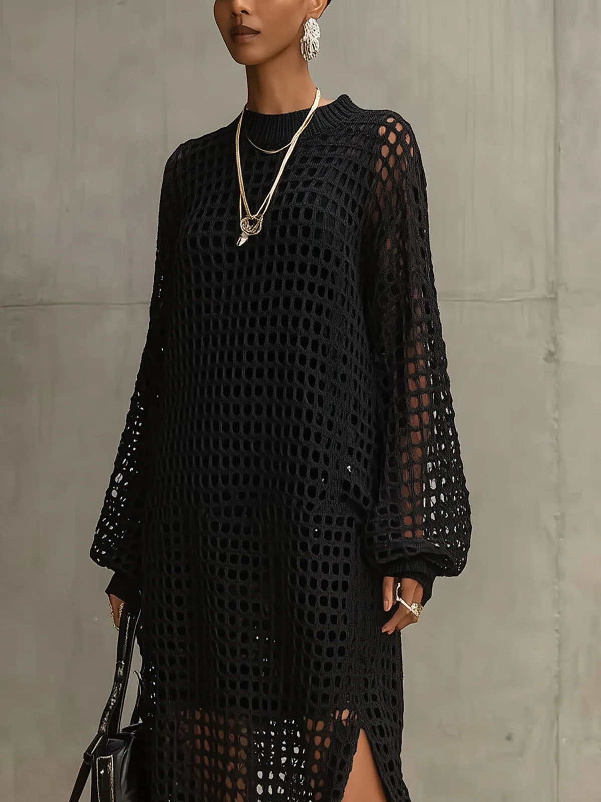 Black Fishnet Long-Sleeve Knit Maxi Dress Set