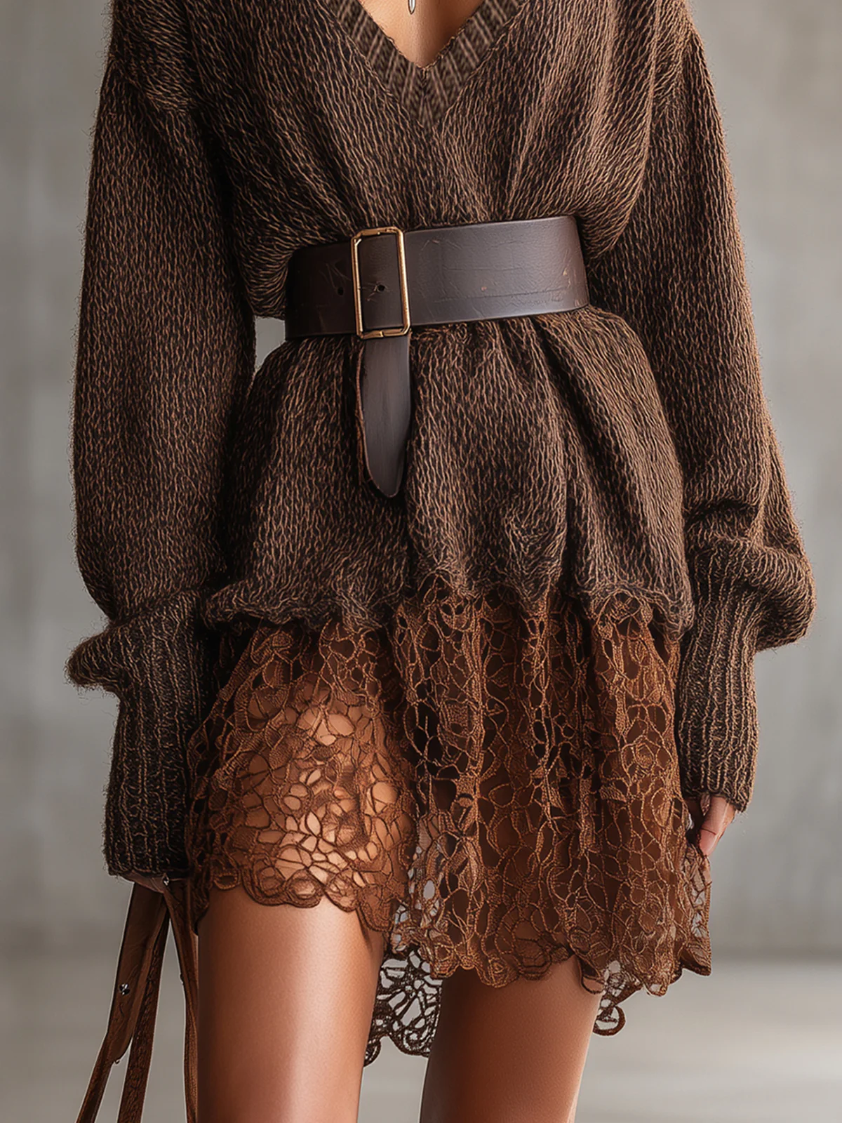 Brown Knit Lace Patchwork V-Neck Mini Dress With Belt