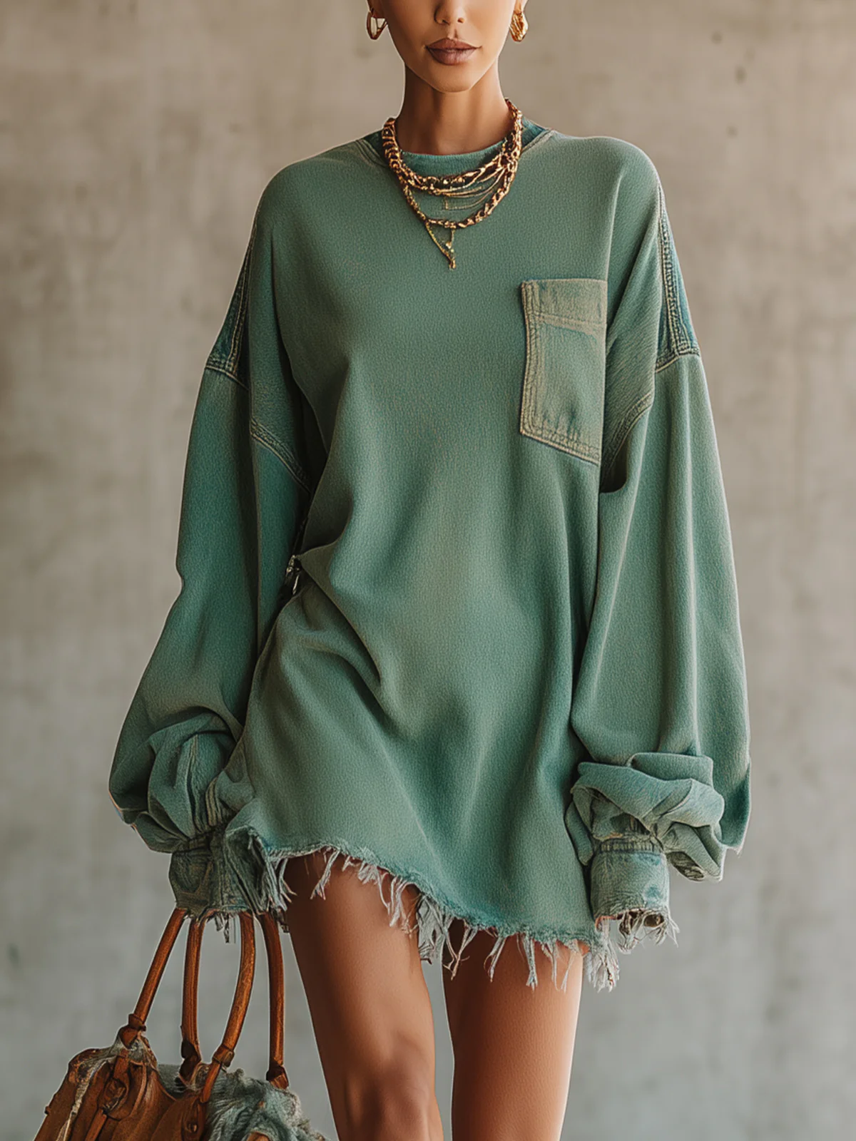 Green Denim Oversized Pocket Frayed Hem Mini Dress