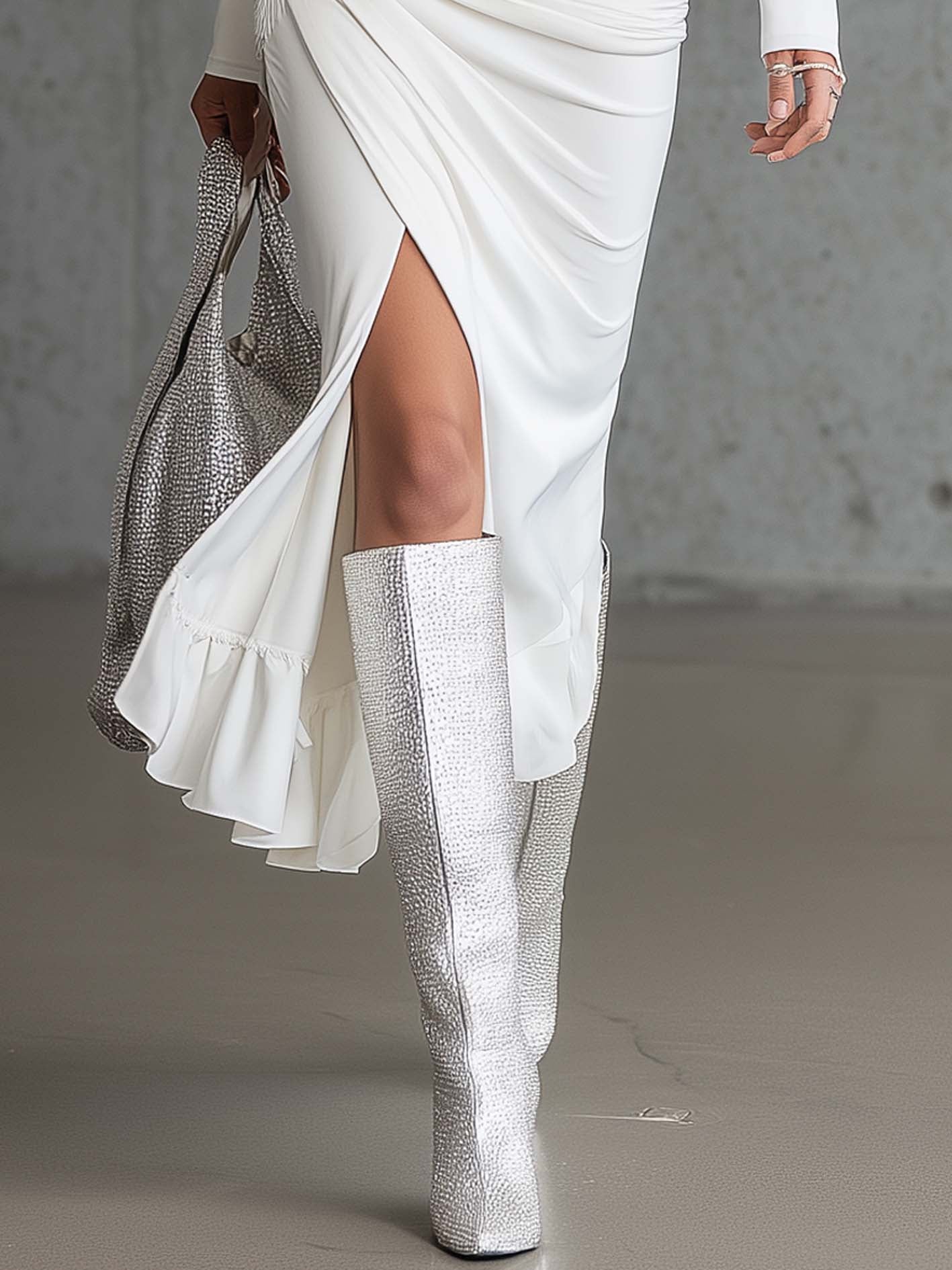 White Ruched Bodycon Dress With Silver Sequin Panel And Side Slit