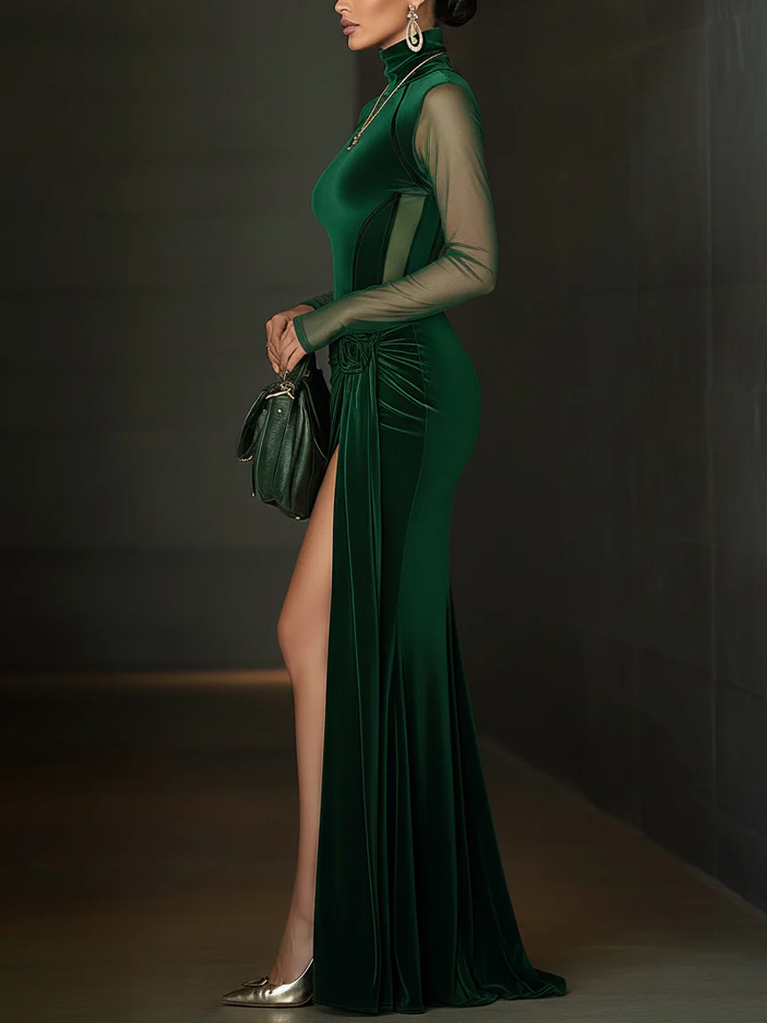 Emerald Green Velvet Mesh Sleeve High Slit Maxi Dress