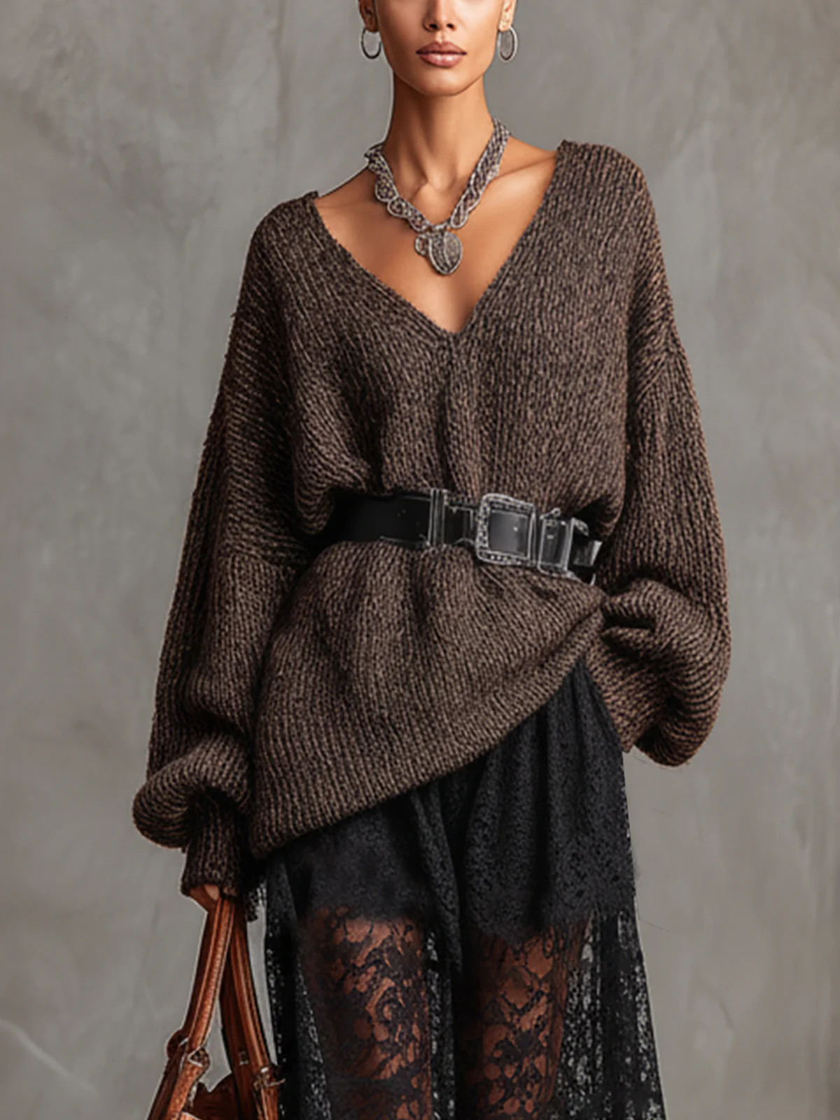 Dark Coffee V-Neck Sweater And Lace Skirt Set With Belt